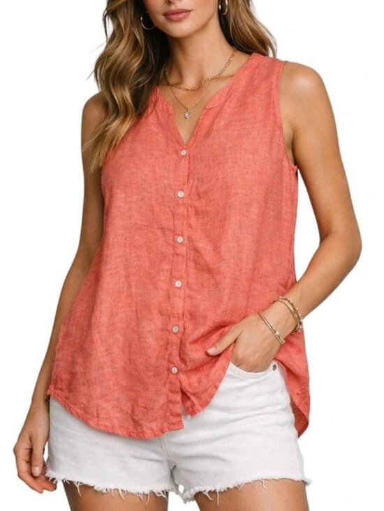 Christian Siriano Tops - Christian Siriano 100% Linen Sleeveless Button Front Top in Coral
